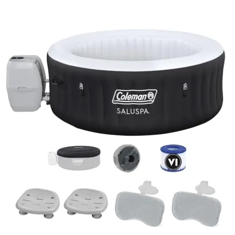 Bestway Coleman Miami AirJet Inflatable Hot Tub Black with EnergySense Cover, Spa Seats & Padded Headrest Pillows