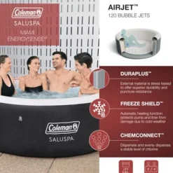 Bestway Coleman Miami AirJet Inflatable Hot Tub Black with EnergySense Cover, Spa Seats & Padded Headrest Pillows