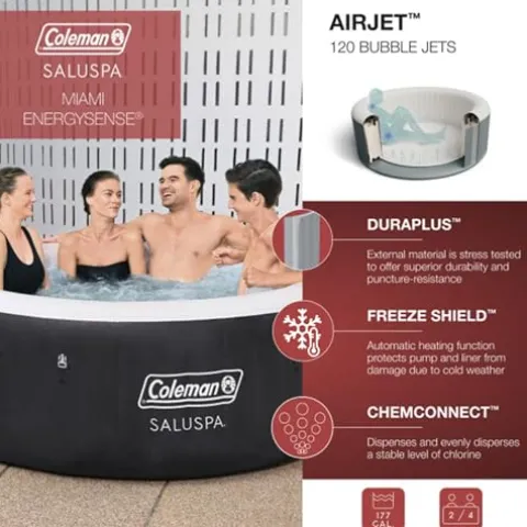 Bestway Coleman Miami AirJet Inflatable Hot Tub Black with EnergySense Cover, Spa Seats & Padded Headrest Pillows