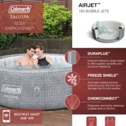 Bestway Coleman Sicily AirJet Inflatable Hot Tub with EnergySense Cover & 4 SaluSpa Seats, Gray