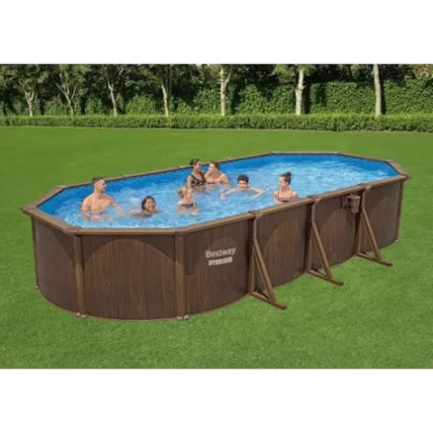 Bestway Hydrium 24′ x 12′ x 52″ Oval Above Ground Swimming Pool Set Outdoor Steel Wall Family Pool with Sand Filter, Ladder, & Cover Brown