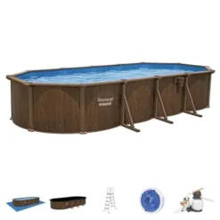 Bestway Hydrium 24′ x 12′ x 52″ Oval Above Ground Swimming Pool Set Outdoor Steel Wall Family Pool with Sand Filter, Ladder, & Cover Brown
