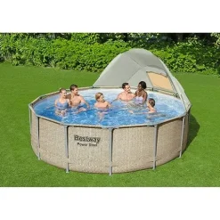 Bestway Power Steel 13′ x 42″ Round Above Ground Swimming Pool Set with Canopy Brown Wicker Print