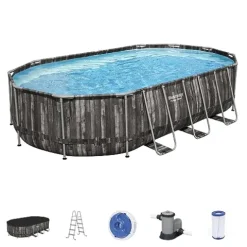 Bestway Power Steel Oval Metal Frame Above Ground Swimming Pool Set Gray Wood Print