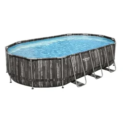 Bestway Power Steel Oval Metal Frame Above Ground Swimming Pool Set Gray Wood Print