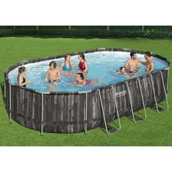 Bestway Power Steel Oval Metal Frame Above Ground Swimming Pool Set Gray Wood Print