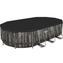 Bestway Power Steel Oval Metal Frame Above Ground Swimming Pool Set Gray Wood Print