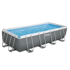 Bestway Power Steel Rectangular Metal Frame Swimming Pool Set Gray