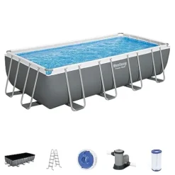 Bestway Power Steel Rectangular Metal Frame Swimming Pool Set Gray