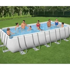 Bestway Rectangular Metal Frame Above Ground Swimming Pool Set Gray
