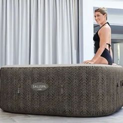 Bestway SaluSpa AirJet Inflatable Hot Tub Square Portable Outdoor Spa Brown Wicker