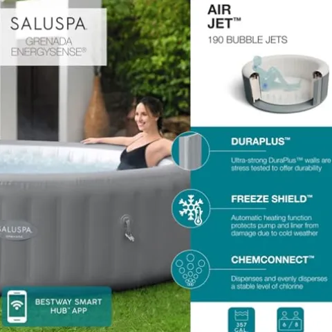 Bestway SaluSpa Grenada AirJet Inflatable Hot Tub with Non Slip Pool and Spa Seat Gray