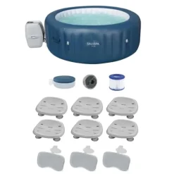 Bestway SaluSpa Milan AirJet Inflatable Hot Tub with Non Slip Pool Seat & Headrest Pillows Blue