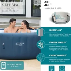 Bestway SaluSpa Milan AirJet Inflatable Hot Tub with Non Slip Pool Seat & Headrest Pillows Blue