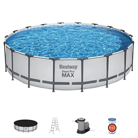 Bestway Steel Pro MAX 18′ x 48″ Round Metal Frame Above Ground Pool Set with Filter Pump, Ladder, and Cover