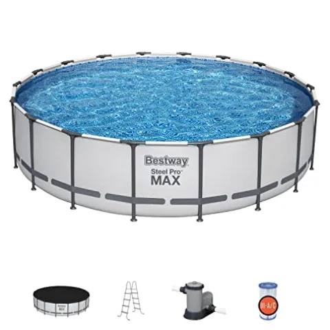 Bestway Steel Pro MAX 18′ x 48″ Round Metal Frame Above Ground Pool Set with Filter Pump, Ladder, and Cover