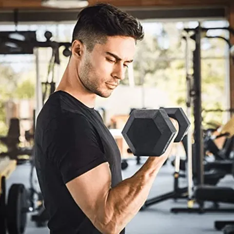 BK BodyKore Rubber Coated Hex Dumbbell Set with Frame & Commercial Rack Black