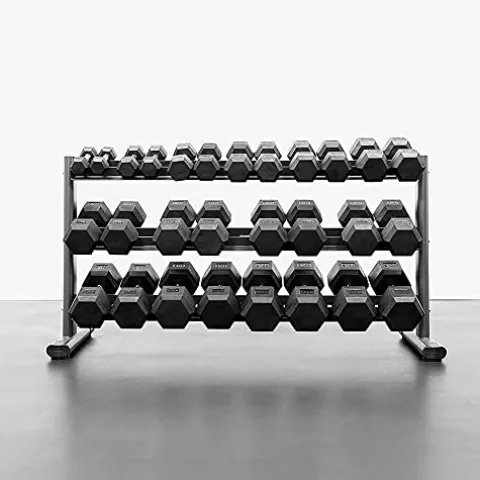 BK BodyKore Rubber Coated Hex Dumbbell Set with Frame & Commercial Rack Black
