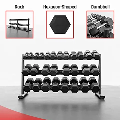 BK BodyKore Rubber Hex Dumbbell Set with 3 Tier Commercial Rack