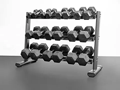 BK BodyKore Rubber Hex Dumbbell Set with 3 Tier Commercial Rack