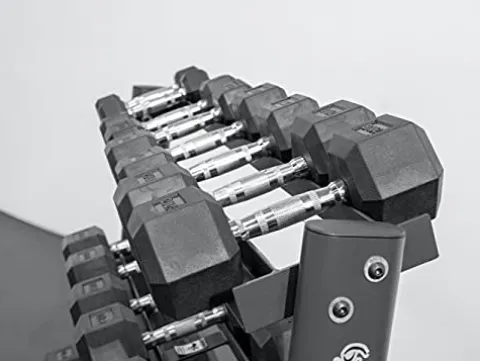 BK BodyKore Rubber Hex Dumbbell Set with 3 Tier Commercial Rack