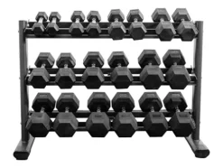 BK BodyKore Rubber Hex Dumbbell Set with 3 Tier Commercial Rack