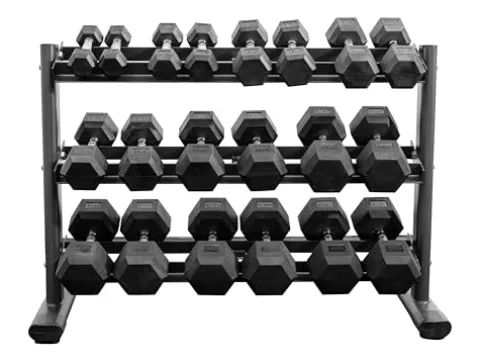 BK BodyKore Rubber Hex Dumbbell Set with 3 Tier Commercial Rack
