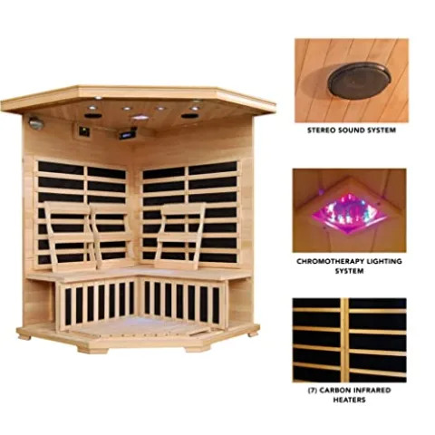 Blue Wave 3-Person Hemlock Corner Infrared Sauna w/ 7 Carbon Heaters Brown