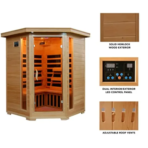 Blue Wave 3-Person Hemlock Corner Infrared Sauna w/ 7 Carbon Heaters Brown