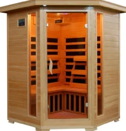 Blue Wave 3-Person Hemlock Corner Infrared Sauna w/ 7 Carbon Heaters Brown