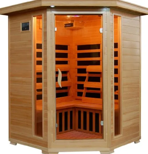 Blue Wave 3-Person Hemlock Corner Infrared Sauna w/ 7 Carbon Heaters Brown
