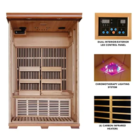 Blue Wave Radiant Saunas 2-Person Infrared Cedar Wood Sauna with Air Purifier, Chromotherapy Lighting, Music System, Carbon Heaters