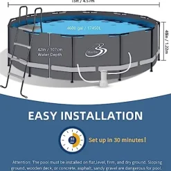 BlueBay Above Ground Swimming Pool Set 15ft x 48in with 1000 GPH Filter Pump, Cover, Ladder, Maintenance Kit Gray Frame