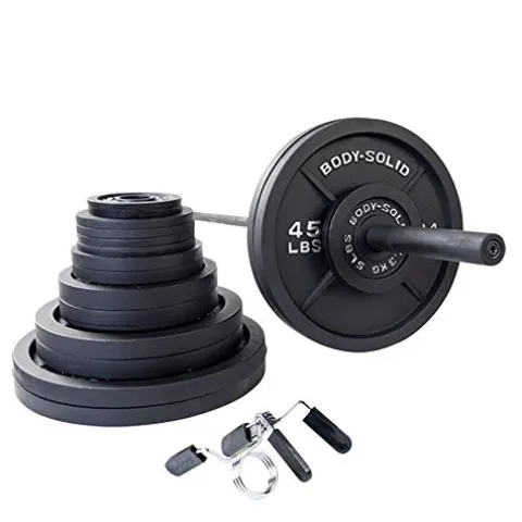 Body-Solid Cast Iron Olympic Weight Plate Set with Bar 355 lb Black