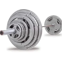 Body-Solid Cast Iron Quad Grip Weight Plate Set with 7 ft Olympic Bar Chrome/Gray