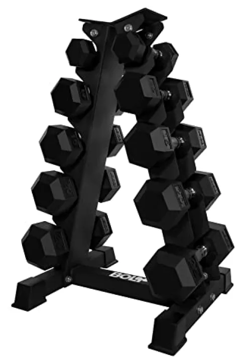 Bolt Fitness Supply Rubber Dumbbell Set 5-50 lb Hex with Metal Handles (Pair) Black, Silver