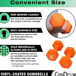 CanDo Vinyl Coated Dumbbells 5 Pairs, 2 Each 1lb through 10lb with Wall Storage Rack – Multicolor