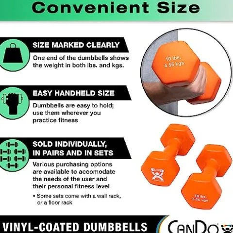 CanDo Vinyl Coated Dumbbells 5 Pairs, 2 Each 1lb through 10lb with Wall Storage Rack – Multicolor