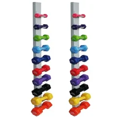 CanDo Vinyl Coated Dumbbells 5 Pairs, 2 Each 1lb through 10lb with Wall Storage Rack – Multicolor