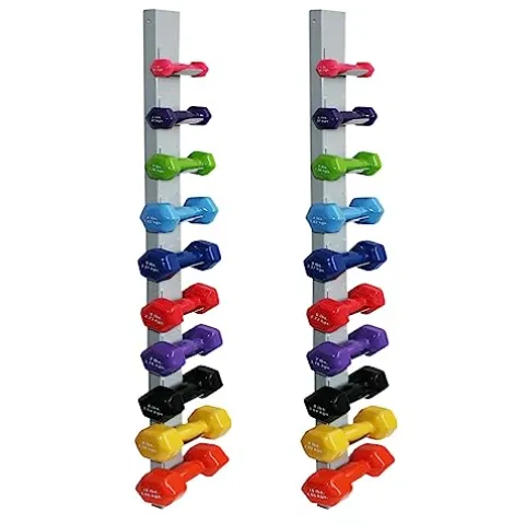 CanDo Vinyl Coated Dumbbells 5 Pairs, 2 Each 1lb through 10lb with Wall Storage Rack – Multicolor