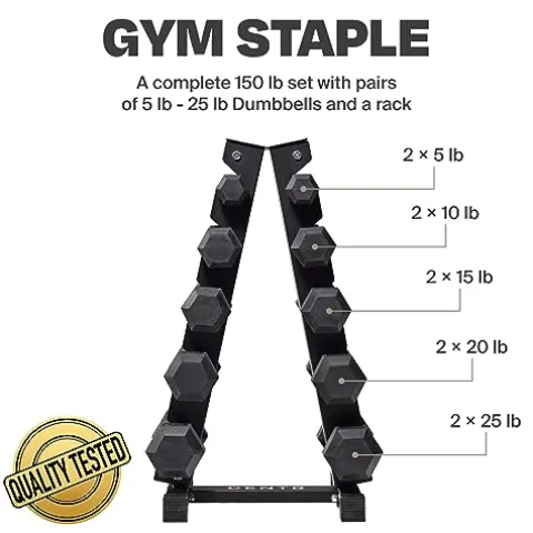 CENTR Dumbbell Weight Set with Rack – 150 Lb Rubber Hex Weight Set