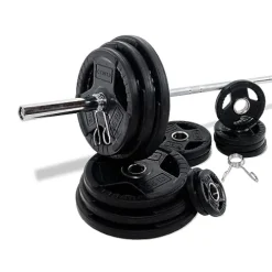CENTR Olympic Barbell Weight Set with Bar 300 lb – Chrome/Black