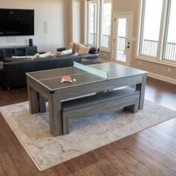 Chamberlain Game Tables Rocky Mountain Nights 7ft Pool Table with Benches and Dining Top Gray