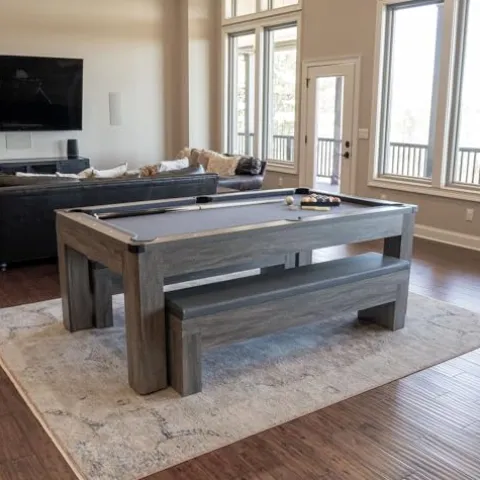 Chamberlain Game Tables Rocky Mountain Nights 7ft Pool Table with Benches and Dining Top Gray