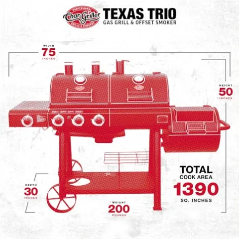 Char-Griller Texas Trio 3-Burner Gas & Charcoal Grill and Smoker Black