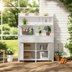 ChicFurnit Fir Wood Garden Potting Bench Table 65-inch Workstation with Storage Shelf Drawer Cabinet White