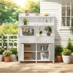 ChicFurnit Fir Wood Garden Potting Bench Table 65-inch Workstation with Storage Shelf Drawer Cabinet White