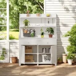 ChicFurnit Fir Wood Garden Potting Bench Table 65-inch Workstation with Storage Shelf Drawer Cabinet White