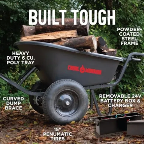 Chore Warrior Electric Wheelbarrow Utility Cart 350 lbs Capacity 6 Cu FT Black