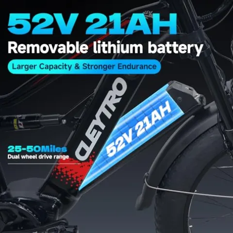 Cleytro Adult Electric Bike 1500W Dual Motor 52V21Ah Battery 37MPH 50Miles Range 26 Inch Fat Tire Beach Mountain Electric Bike Hydraulic Disc Brakes Full Suspension ES7PRO 1500W 37MPH Black